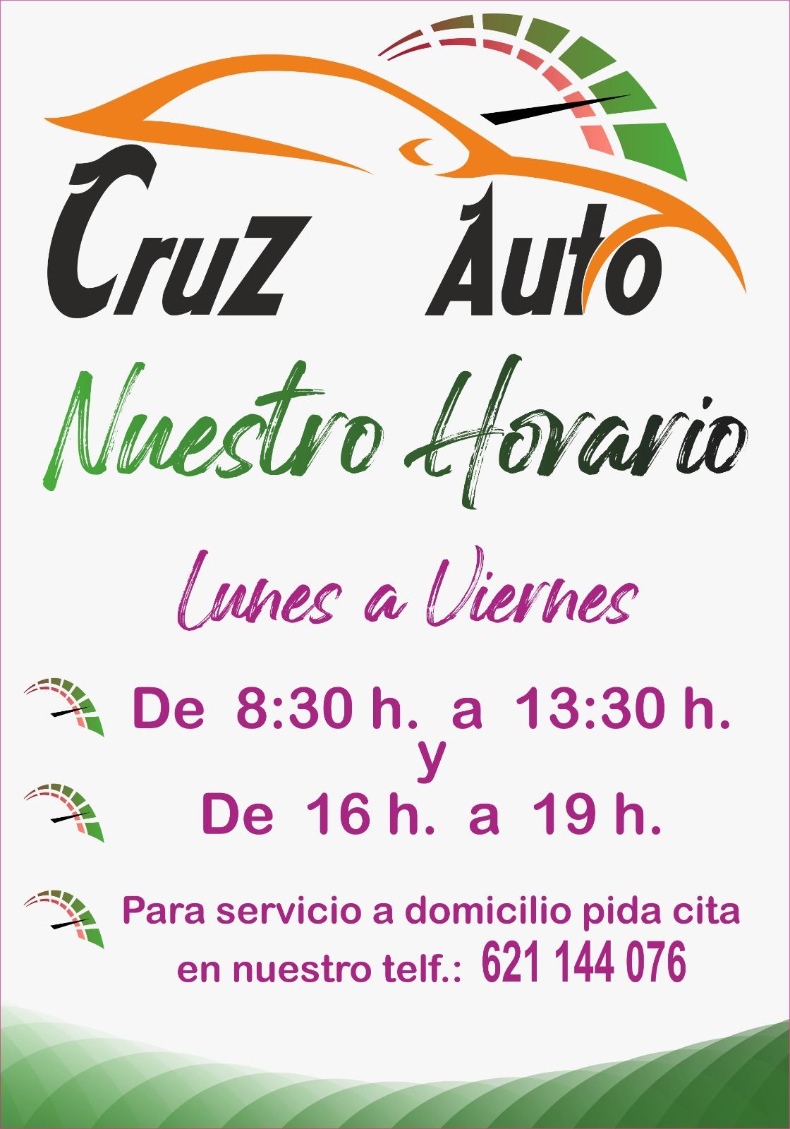Cartel con el horario del taller: lunes a viernes de 8:30 a 13:30 y de 16 a 19 h